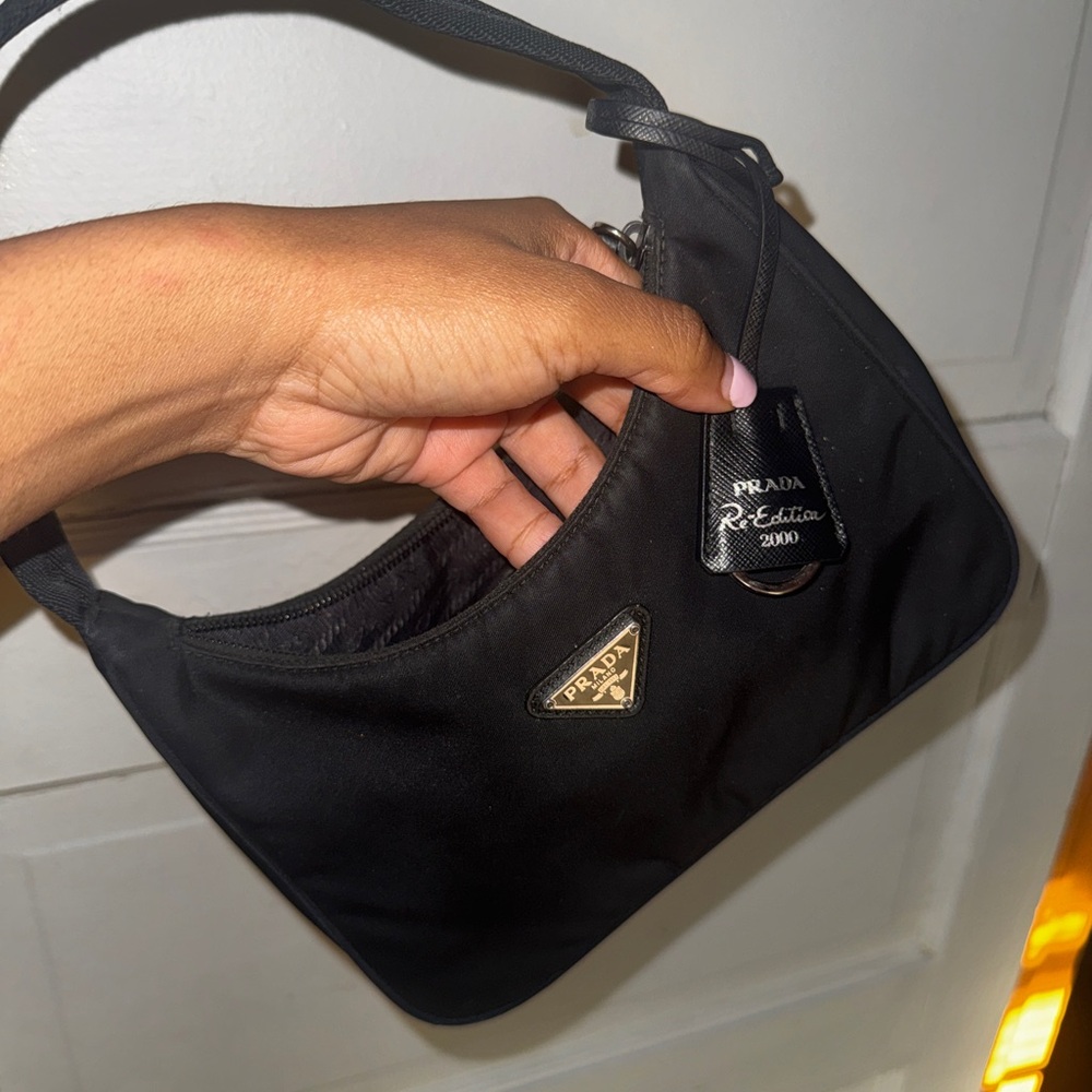 Prada Black Nylon Mini Shoulder Bag with Gold Logo